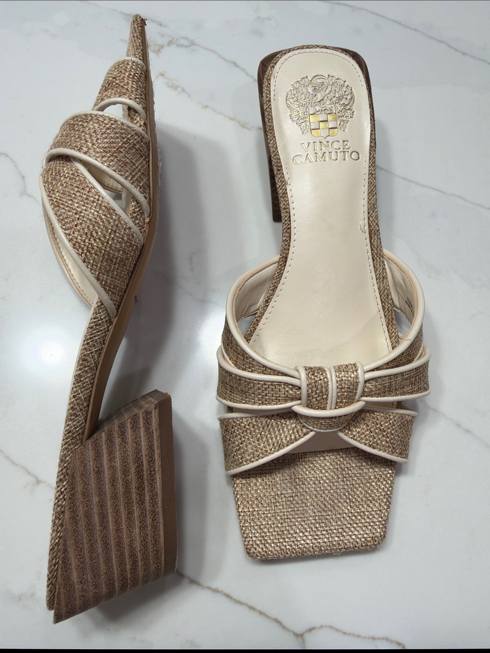 Vince Camuto Natural Raffia & Cream Trim Knotted Slide Mules
